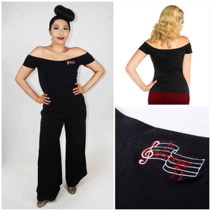 GGR Black Music Note Off-Shoulder Top-Top-Glitz Glam and Rebellion GGR Pinup, Retro, and Rockabilly Fashions