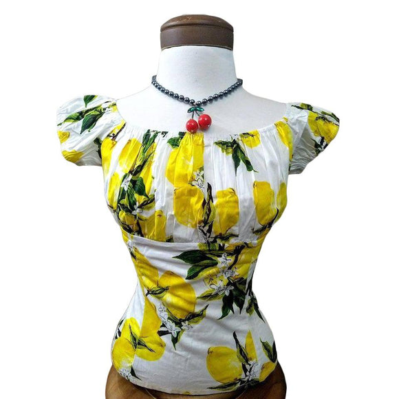 GGR Pinup Peasant Blouse in Yellow Lemons-Blouse-Glitz Glam and Rebellion GGR Pinup, Retro, and Rockabilly Fashions
