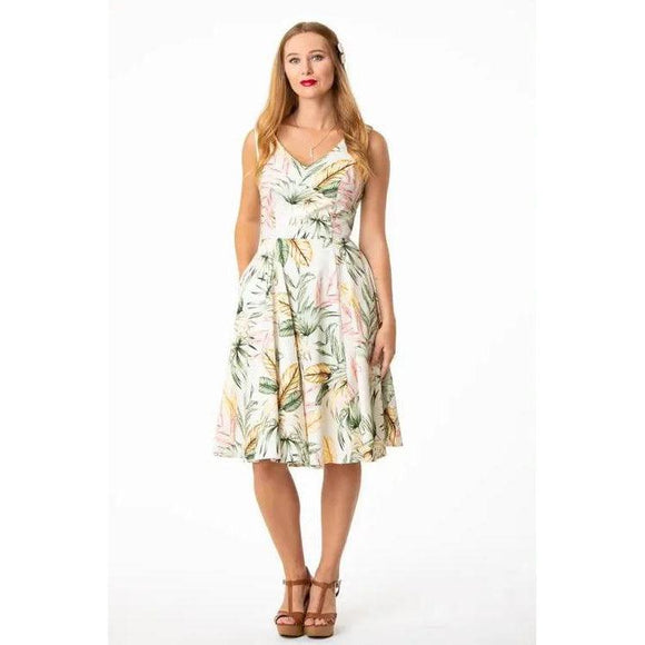 Eva Rose V-Neck Swing Dress in Palm Fronds Print-Dress-Glitz Glam and Rebellion GGR Pinup, Retro, and Rockabilly Fashions
