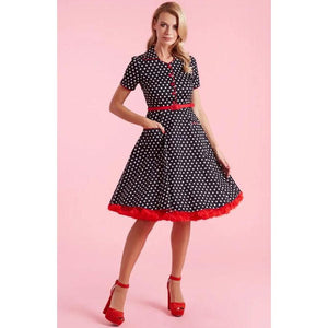 Dolly & Dotty Penelope Shirt Dress in Black with White Dots-Dress-Glitz Glam and Rebellion GGR Pinup, Retro, and Rockabilly Fashions