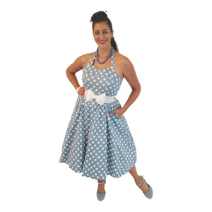 GGR Corset Halter Dress in Blue with White Polka Dots Glitz Glam and Rebellion GGR Corset Halter Dress in Blue with White Polka Dots Glitz Glam and Rebellion