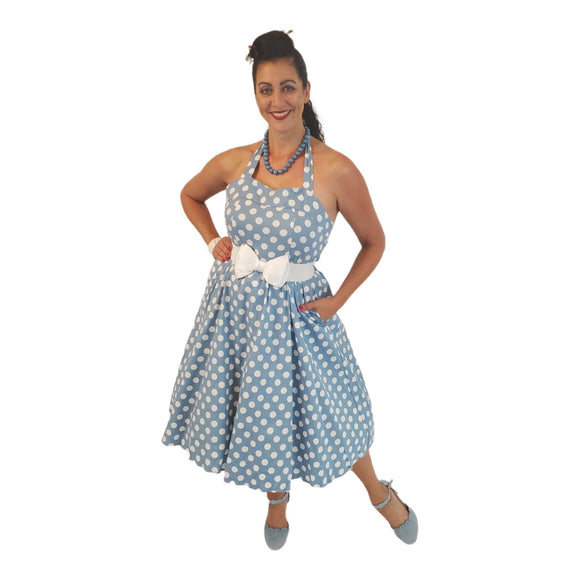 GGR Corset Halter Dress in Blue with White Polka Dots Glitz Glam and Rebellion GGR Corset Halter Dress in Blue with White Polka Dots Glitz Glam and Rebellion