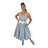 Blue and White Polka Dot Halter Neck 50s Pin Up Polka Dot Vintage Corset Dress-Dresses-Glitz Glam and Rebellion GGR Pinup, Retro, and Rockabilly Fashions