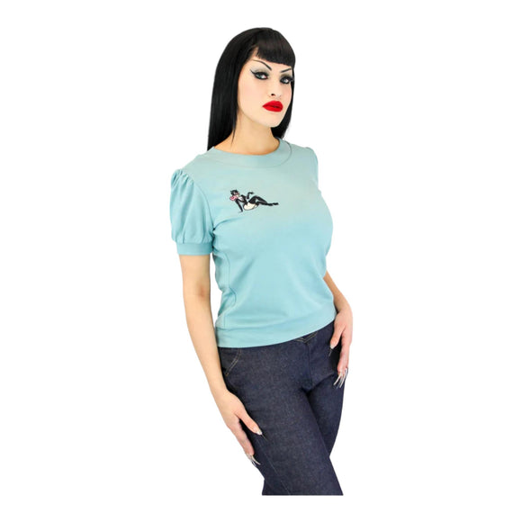Hemet Retro Cat Blouse in Blue-Top-Glitz Glam and Rebellion GGR Pinup, Retro, and Rockabilly Fashions