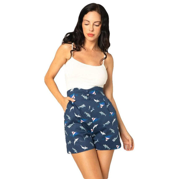 Miss Lulo Reese High-Waisted Shorts in Shark Print-Shorts-Glitz Glam and Rebellion GGR Pinup, Retro, and Rockabilly Fashions