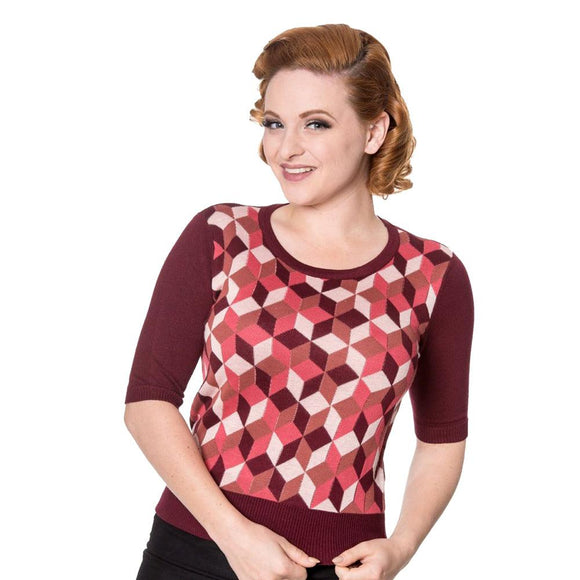 Banned Retro 50's Cube Jumper in Burgundy-Top-Glitz Glam and Rebellion GGR Pinup, Retro, and Rockabilly Fashions