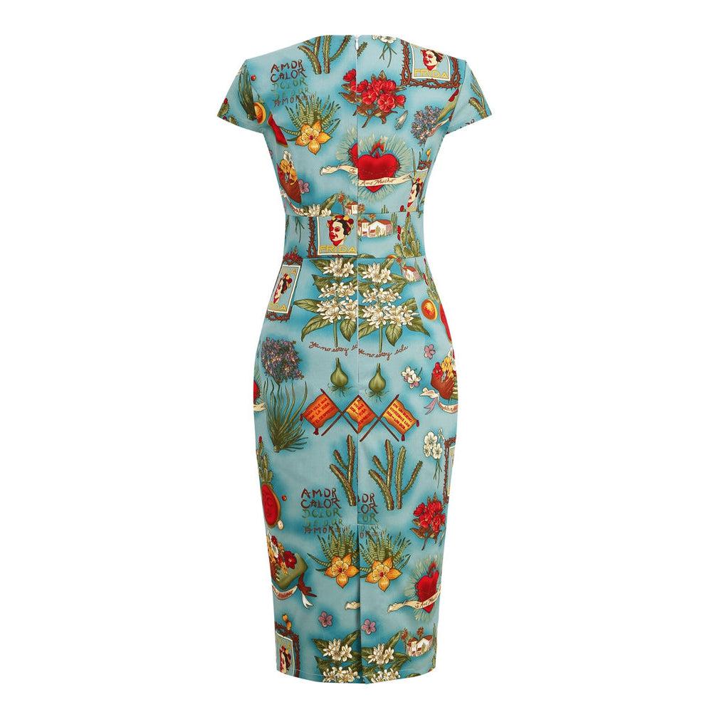 midi wiggle dress GGR in Frida Kahlo Print Color:Tan Khaki Black Cowl Halter A-Line 31.5 40.5 peach_gold_dress