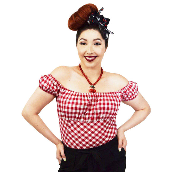 GGR Pinup Peasant Top in Red Gingham-Blouse-Glitz Glam and Rebellion GGR Pinup, Retro, and Rockabilly Fashions