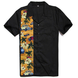 GGR Men's Bowling Shirt in Black with Palm Trees & Classic Cars-Men's Bowling Shirt-Glitz Glam and Rebellion GGR Pinup, Retro, and Rockabilly Fashions