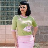 Kissing Charlie Hold On Sweater in Pink and Green-Top-Glitz Glam and Rebellion GGR Pinup, Retro, and Rockabilly Fashions