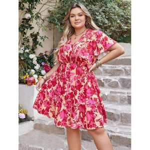 Plus Size Printed V-Neck Flutter Sleeve Dress-Dress-Glitz Glam and Rebellion GGR Pinup, Retro, and Rockabilly Fashions