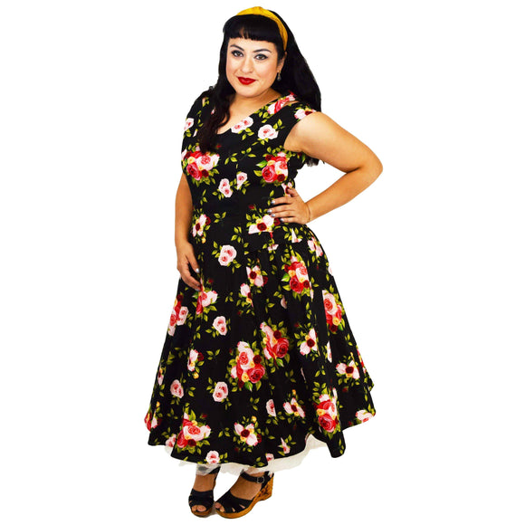 GGR Cap Sleeve Swing Dress in Floral Print on Black-Dress-Glitz Glam and Rebellion GGR Pinup, Retro, and Rockabilly Fashions